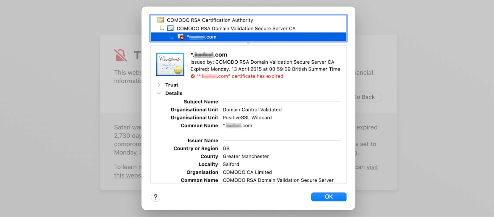 Een popupvenster dat controleert op een SSL mismatchfout