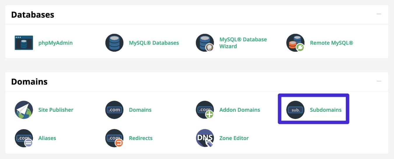 Äldre versioner av cPanel har ett särskilt verktyg för underdomäner.