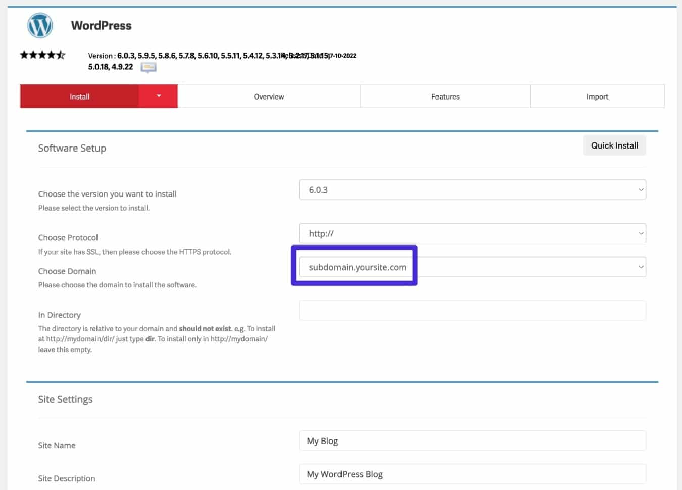 Använd cPanel WordPress-installationsprogrammet för att installera WordPress på din underdomän.