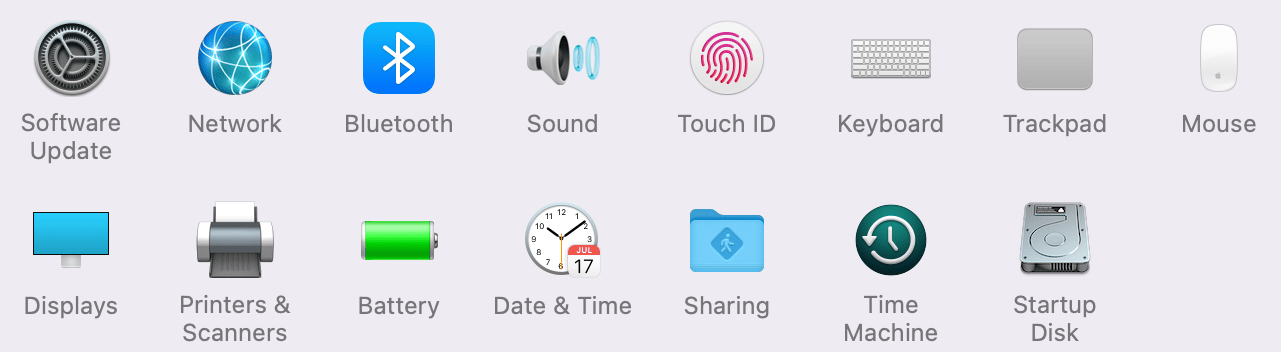Schermata delle icone della sezione Preferenze di Sistema sul Mac