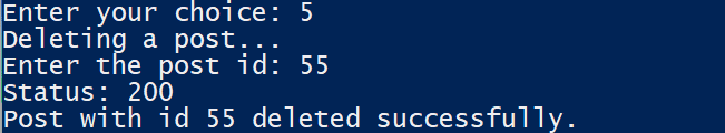 La aplicación Python muestra la eliminación del post seleccionado.