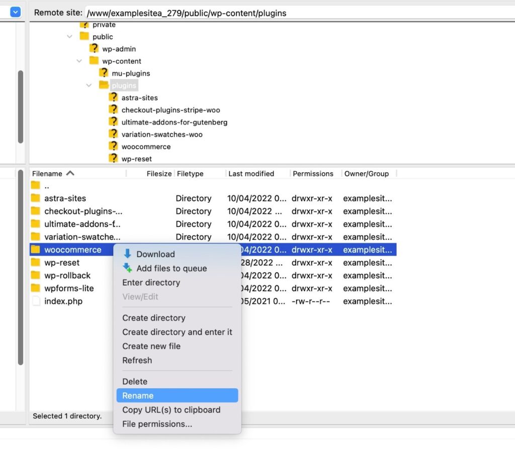 Schermata dell’FTP dove è stata evidenziata la cartella woocommerce, il menu è aperto e punta alla voce Rename.