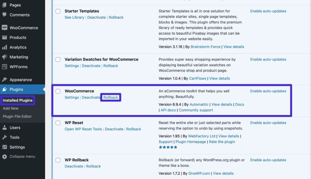 Pagina con la lista dei plugin installati nel sito WordPress: sono evidenziati WooCommerce e la voce Rollback.