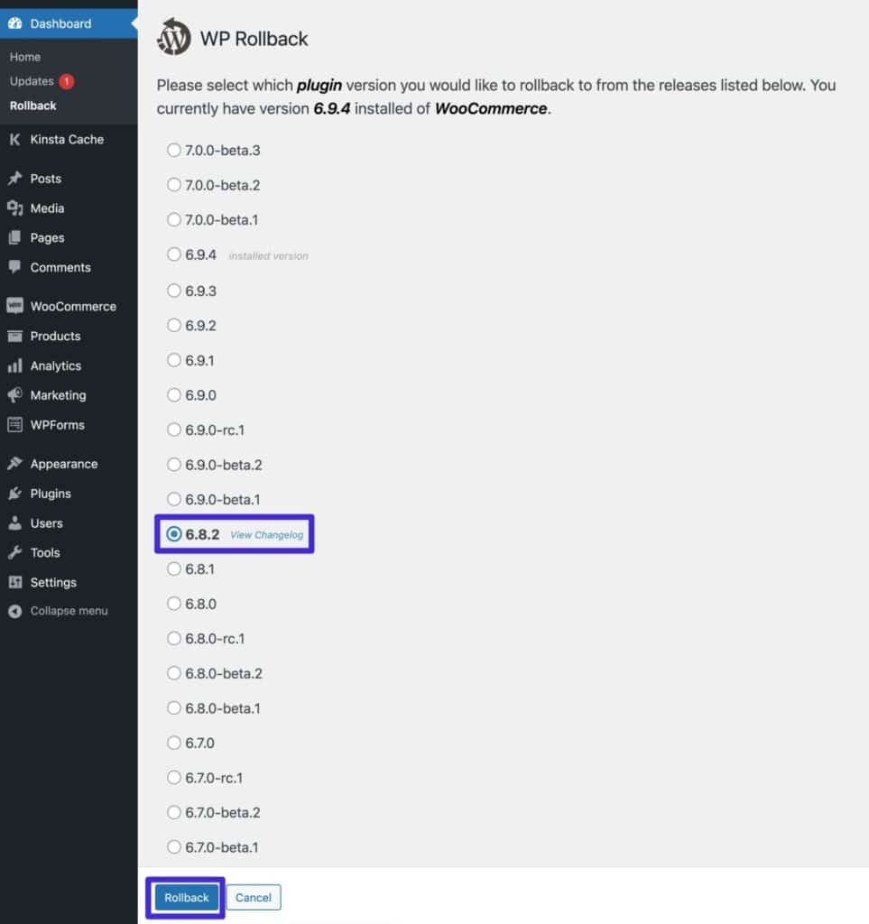 Escolha a versão para a qual deseja fazer o downgrade.