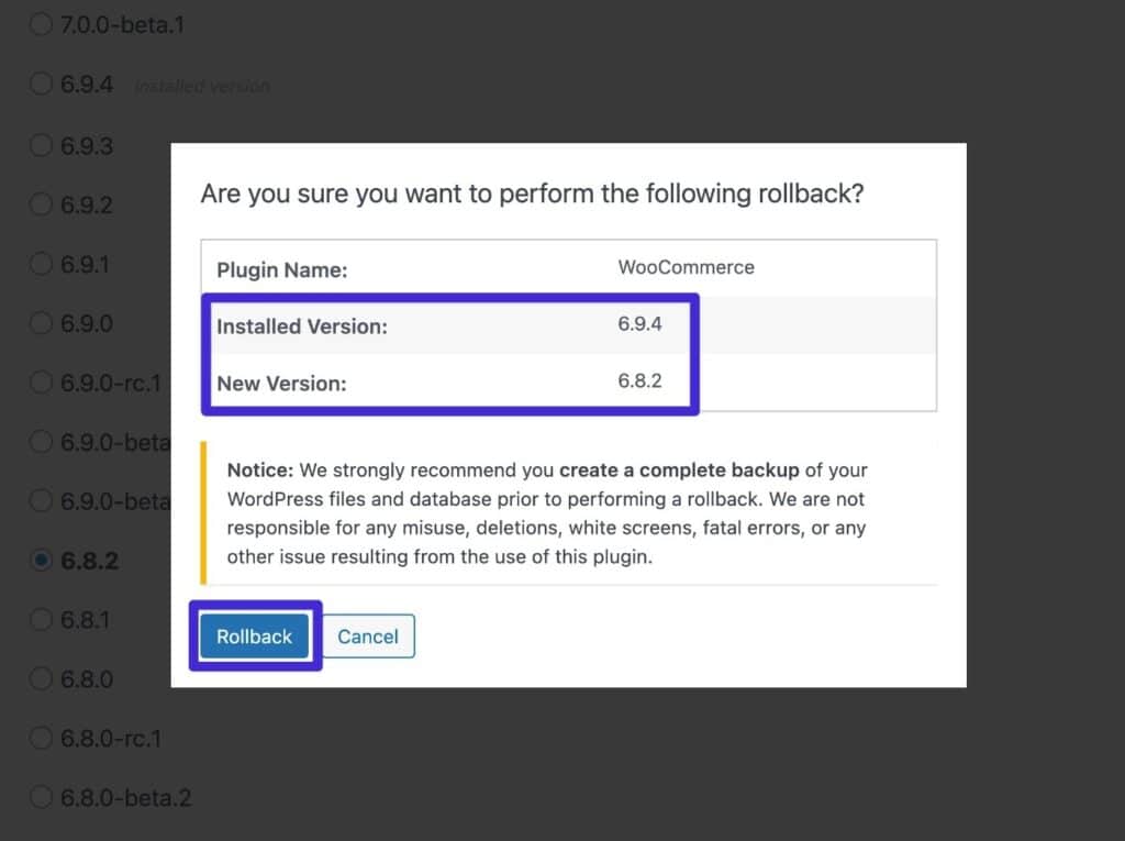 Finestra popup del plugin Rollback che chiede conferma del downgrade di WooCommerce.