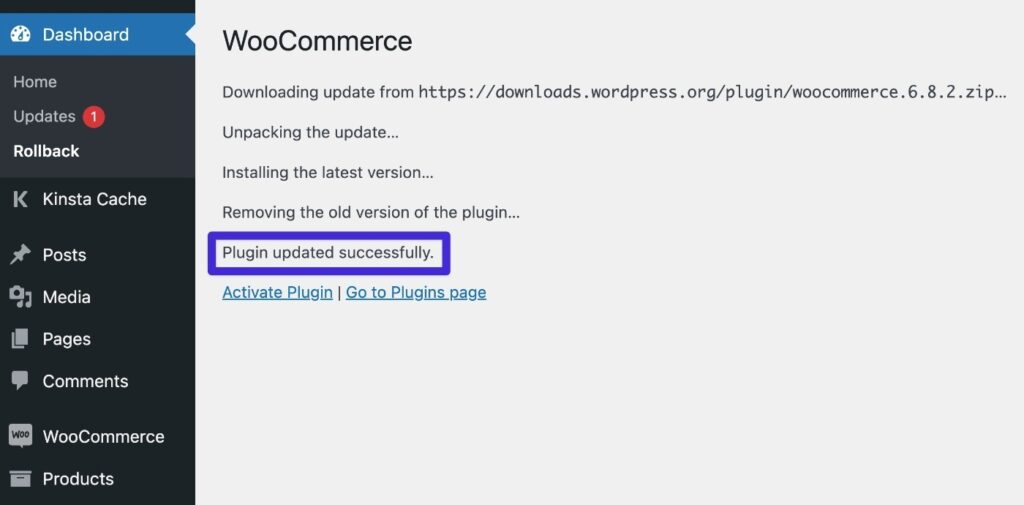 Schermata del plugin Rollback con il messaggio di conferma del downgrade di WooCommerce.