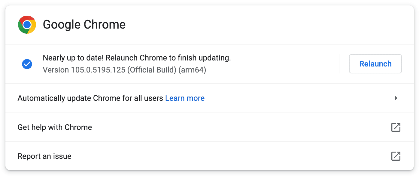 Schermata del browser Google Chrome con tutte le infrmazioni di aggiornamento