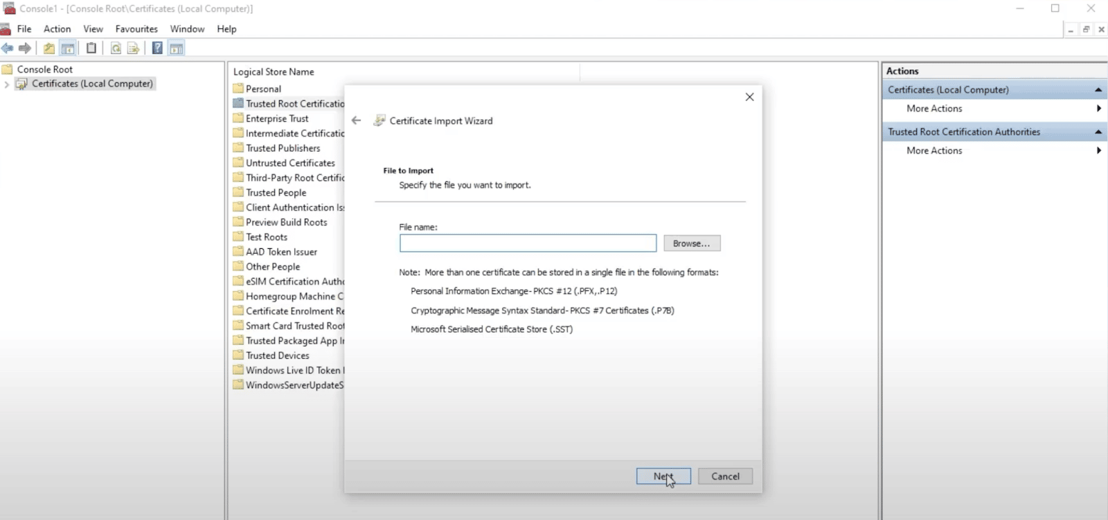 Using the certificate import wizard in Windows