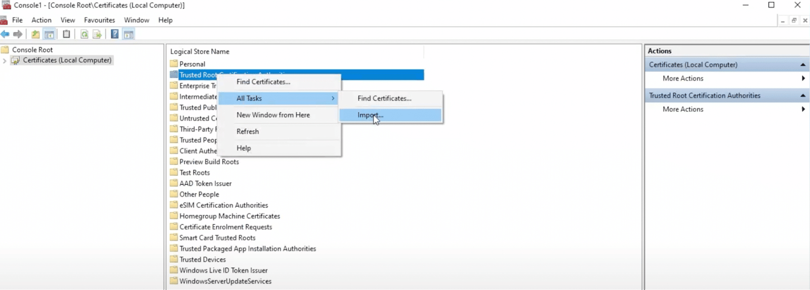 Schermata della cartella Console Root in Windows e il menu aperto in cui è selezionata l’opzione per importare un certificato SSL