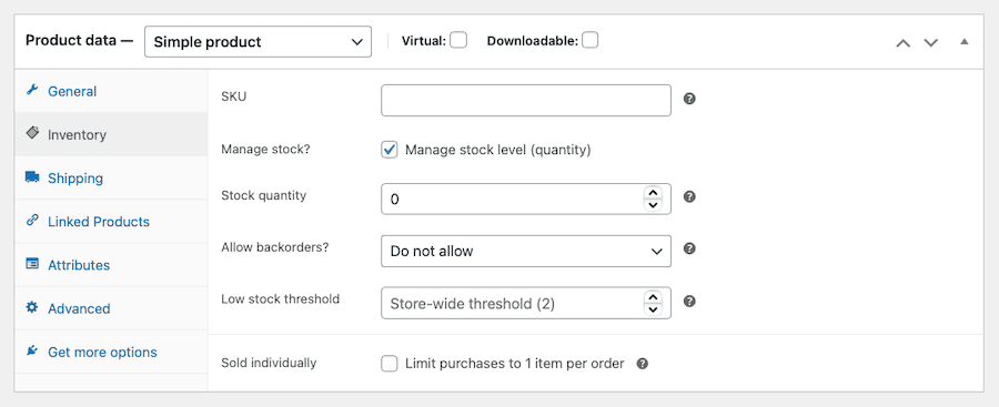 As opções de Inventário no WooCommerce