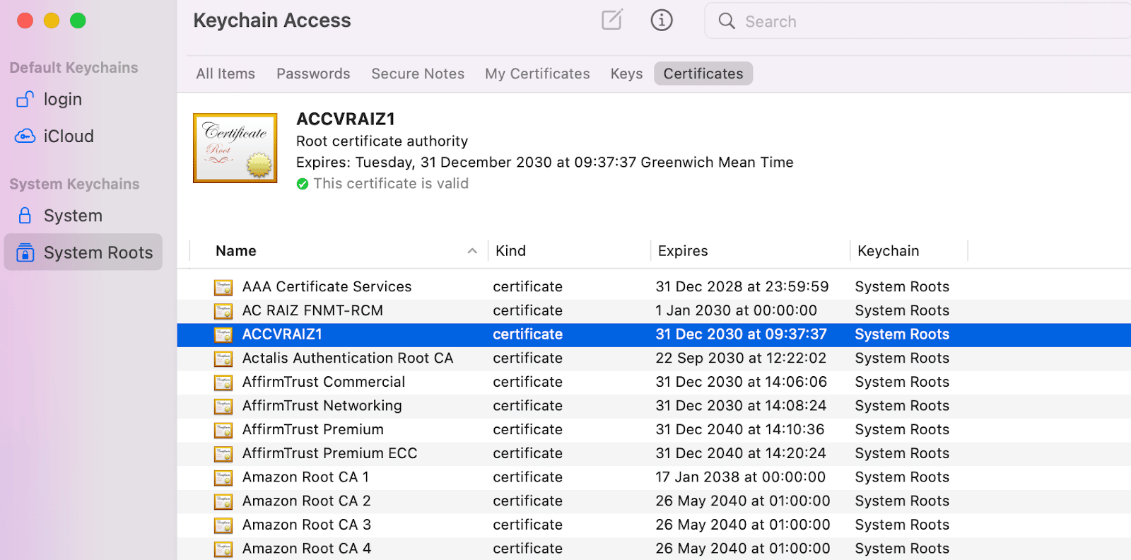Schermata Keychain Access con la lista dei certificati SSL installati