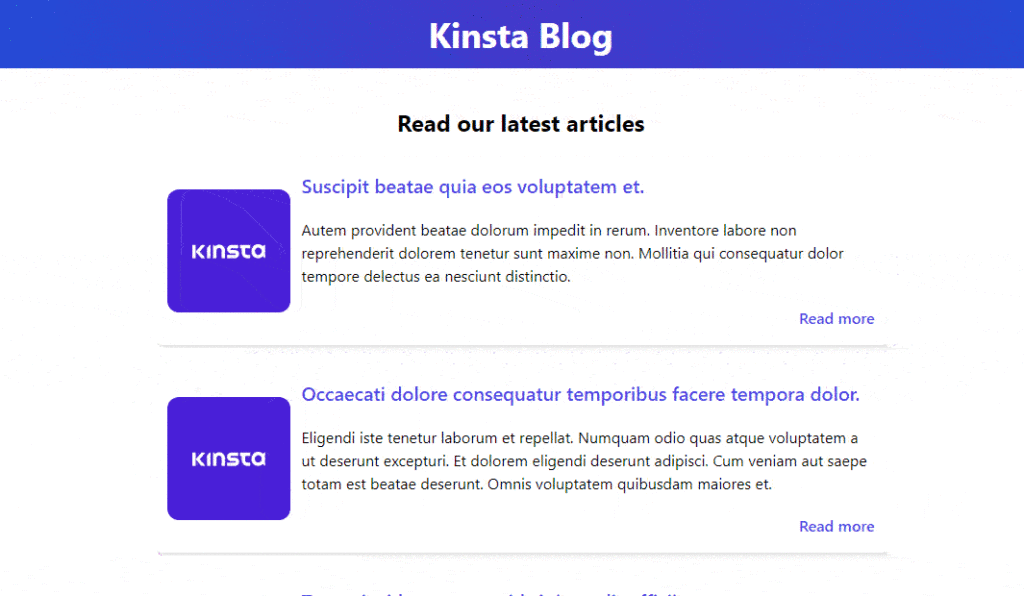 Eksempelsiden "Kinsta Blog" viser artikelkort med fungerende links.