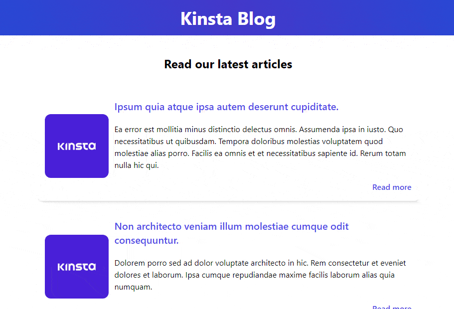 Et rullende billede, der viser en fungerende version af "Kinsta Blog"-eksemplet fra tidligere.