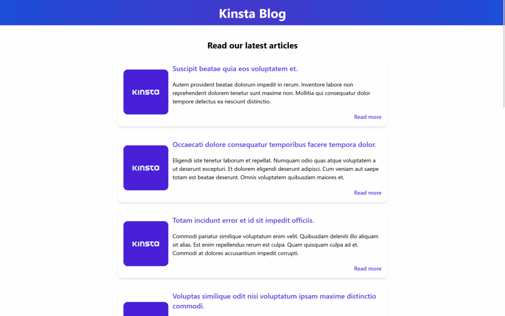 En simpel side med "Kinsta Blog" i et blåt banner øverst og en enkelt række af prøveartikelkort.