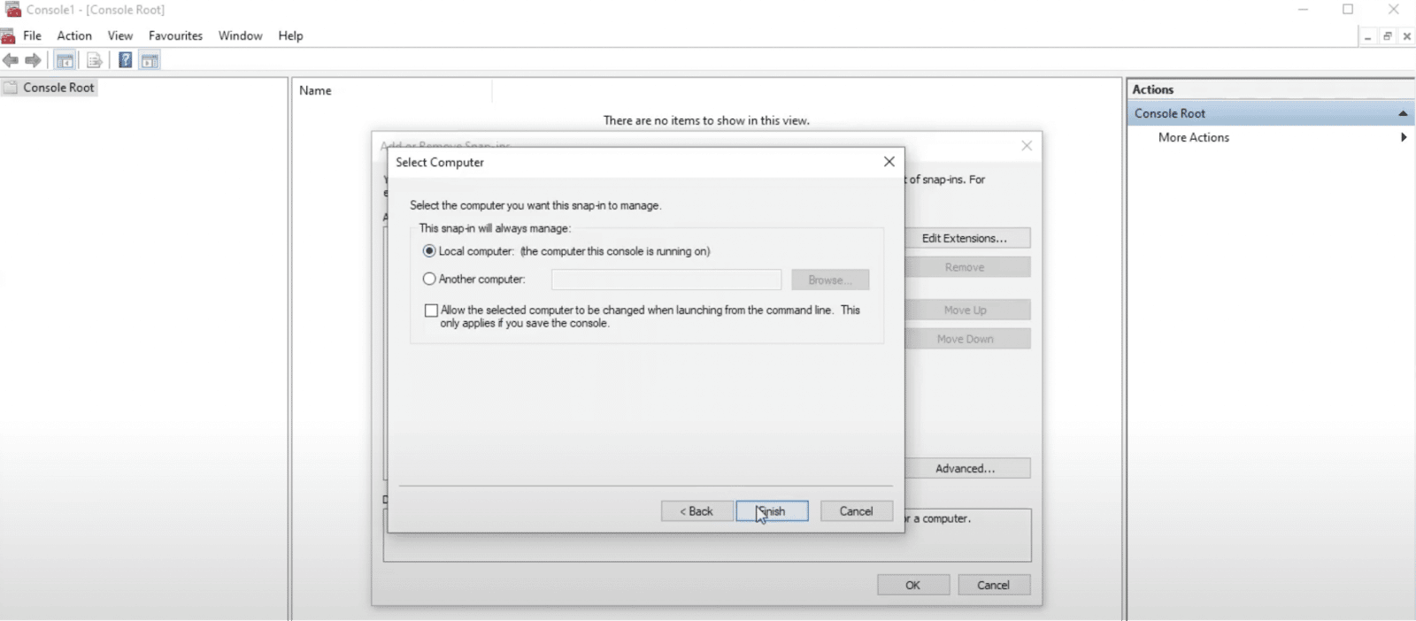 Schermata di Microsoft Management Control con le opzioni per aggiungere un certificato