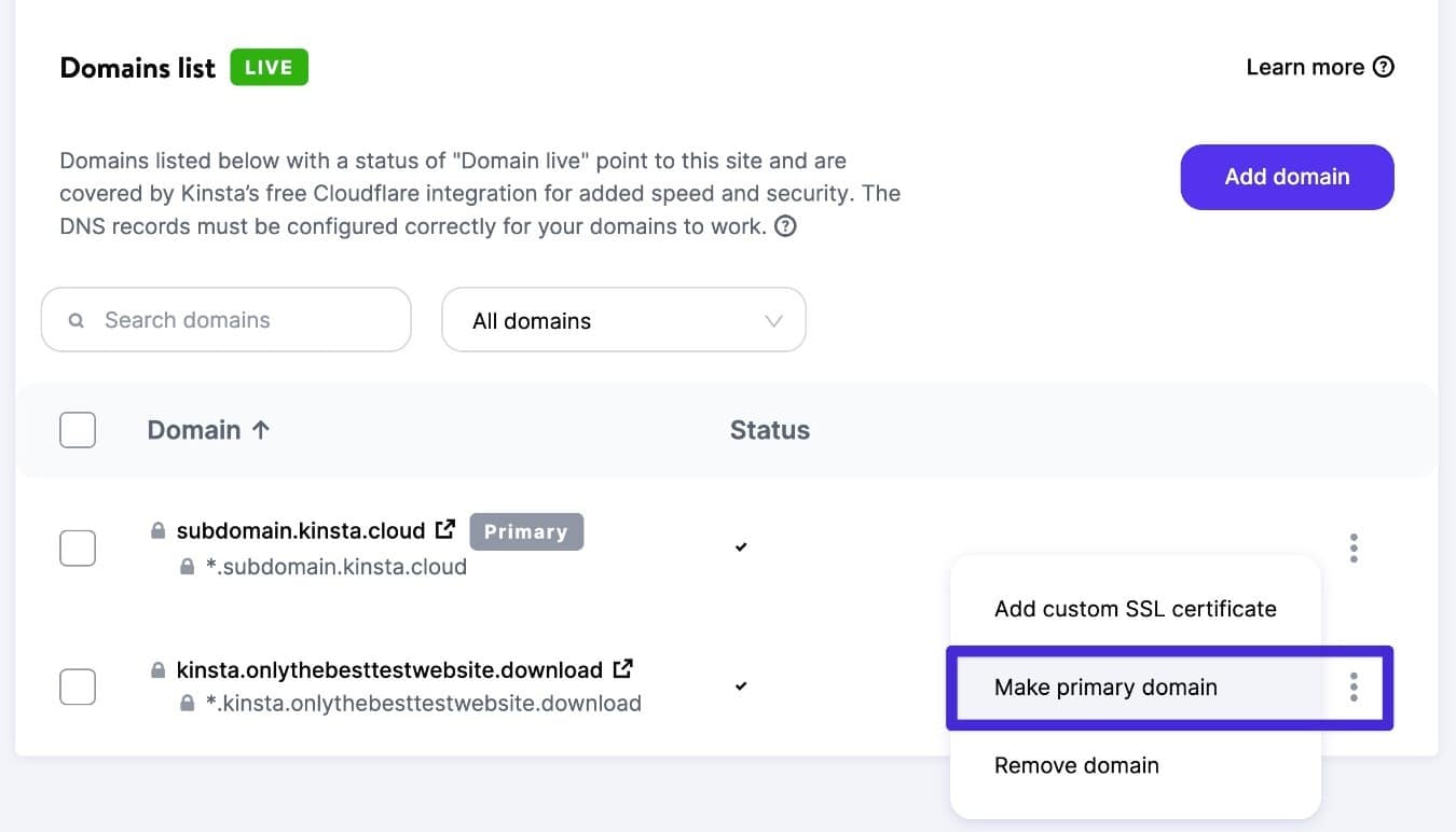 How to set your subdomain as the primary domain for this site.