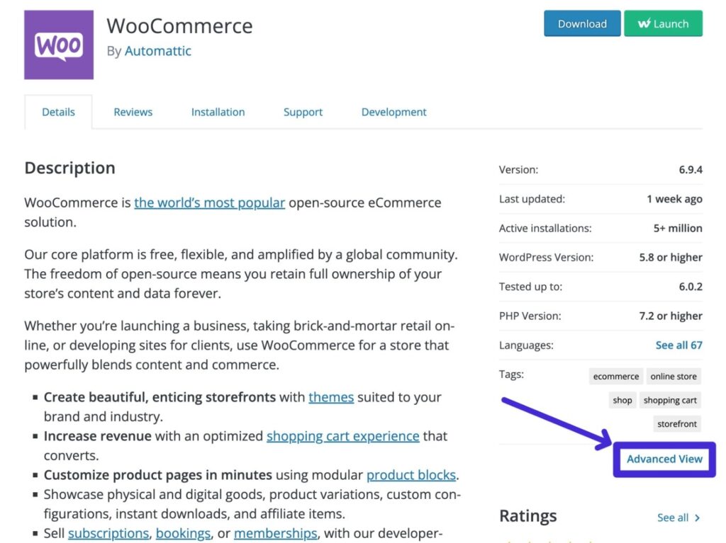 Pagina di WooCommerce in WordPress.org e una freccia che indica il link Vista avanzata.
