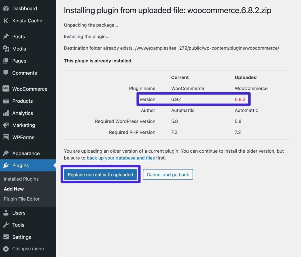 Confirmer la rétrogradation de WooCommerce.