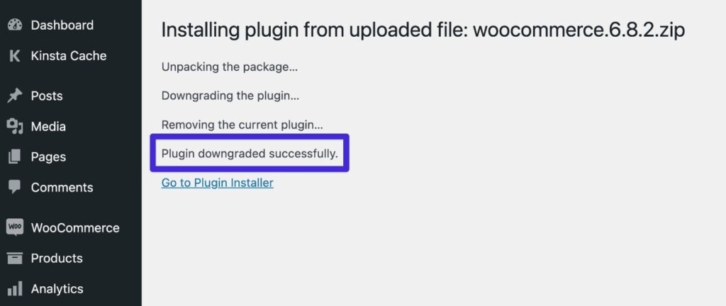 Meddelandet om framgångsrik nedgradering av WooCommerce.