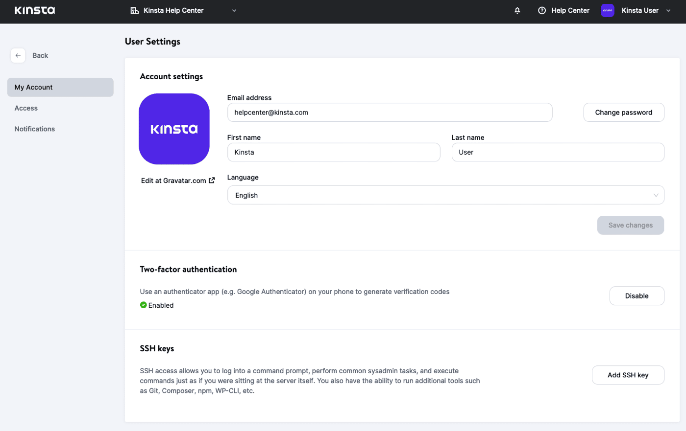 Enable two-factor authentication in MyKinsta.