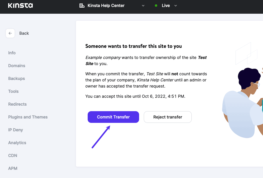 Click Accept transfer to accept the incoming site.