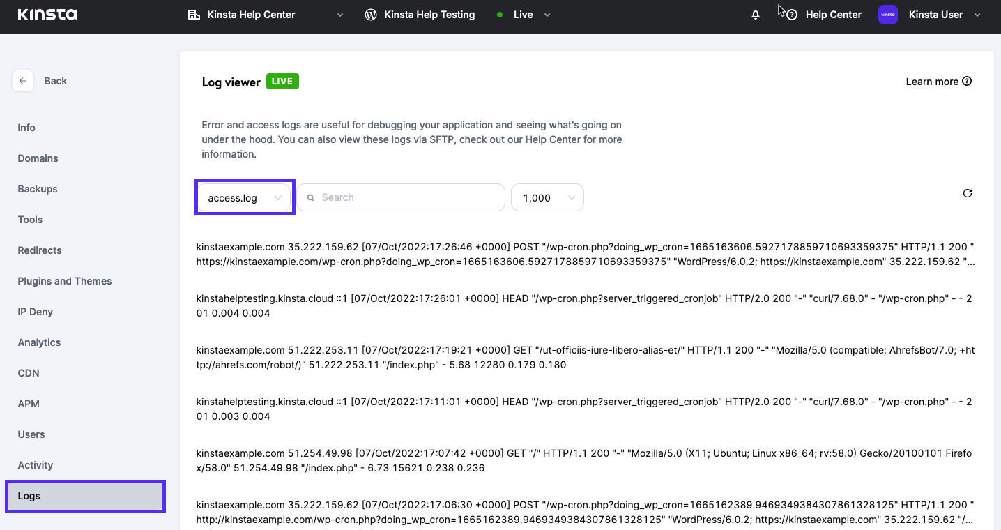 access.log file in MyKinsta Log viewer.