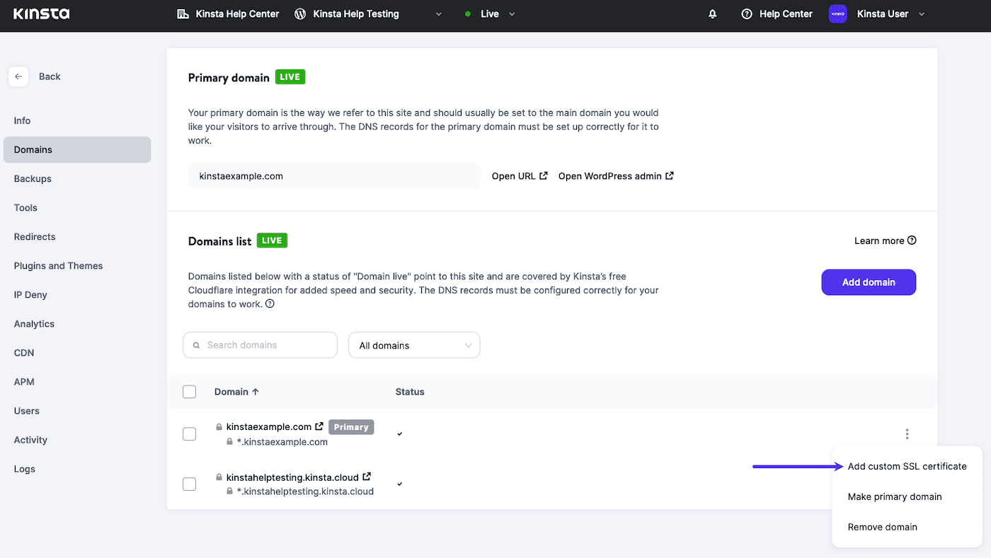 Además de los SSL gratuitos de Cloudflare, Kinsta también admite los SSL personalizados.