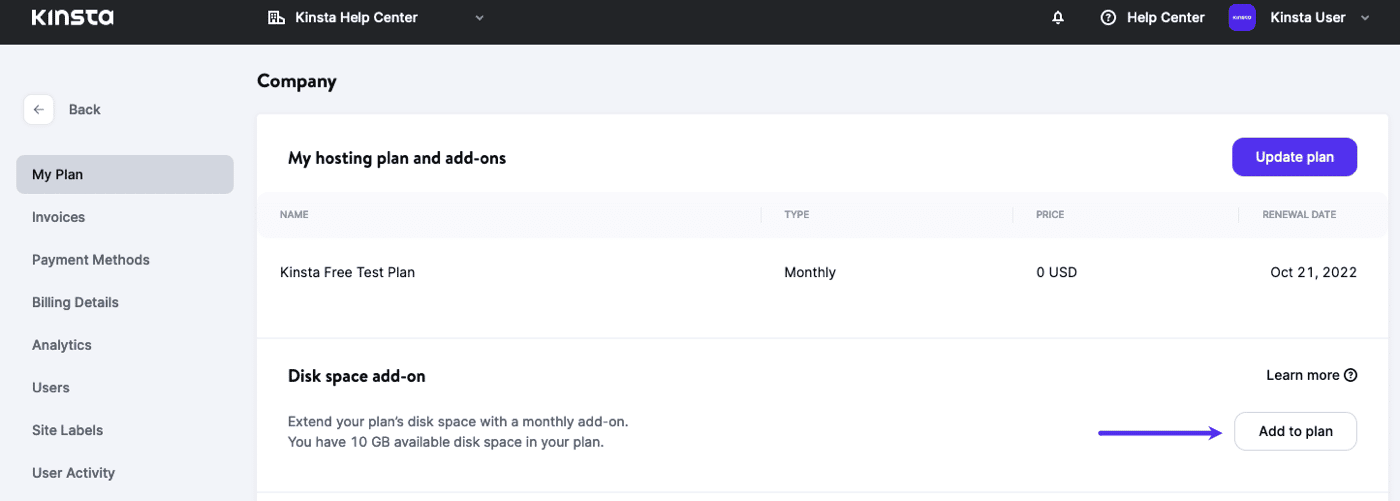 Add the disk space add-on to your plan in MyKinsta.