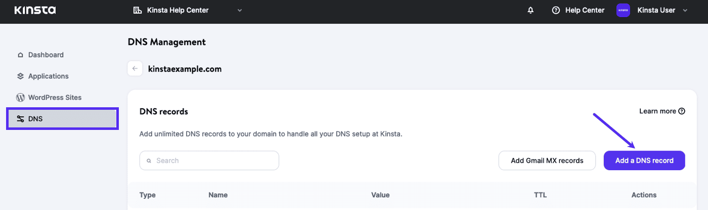 Adicione um registro DNS no MyKinsta.