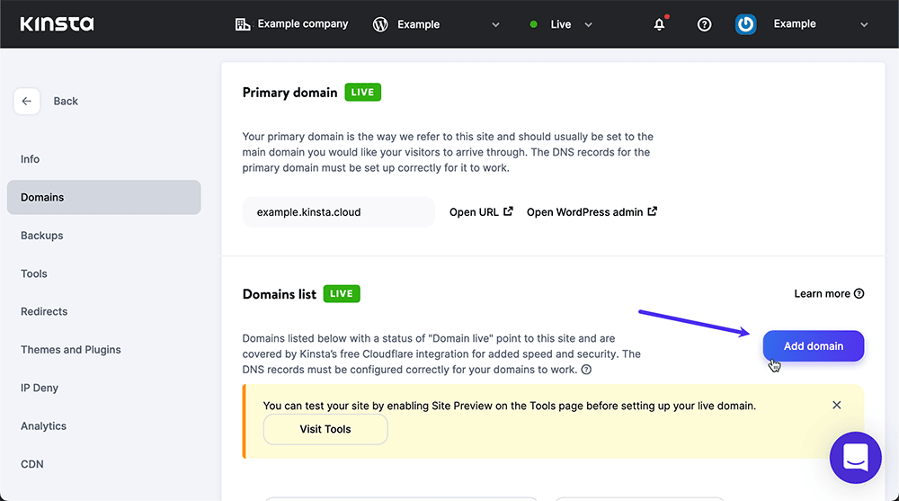 Screenshot: Adding another domain within MyKinsta.