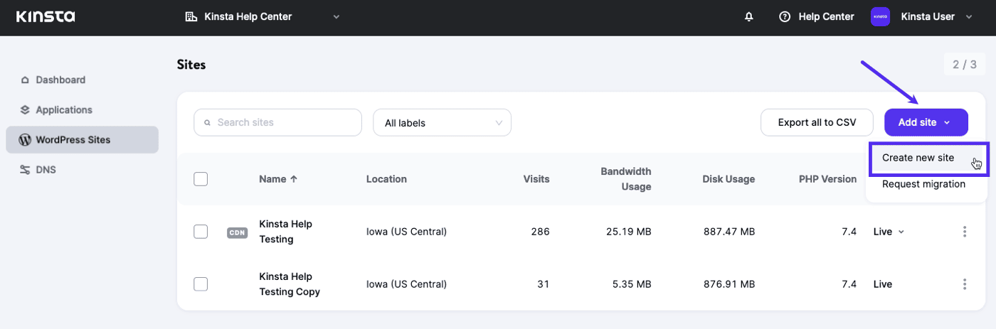 Oprettelse af en ny WordPress-side i MyKinsta.