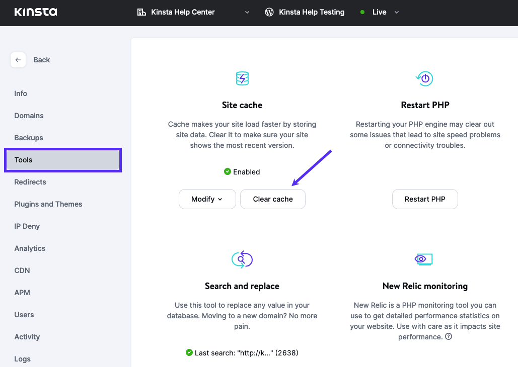 Borrar la caché en la pestaña Herramientas de MyKinsta.