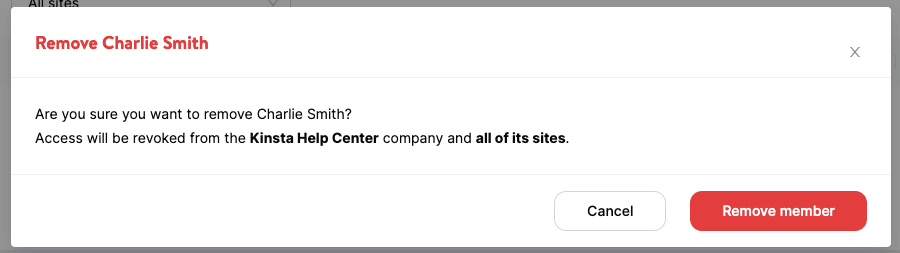 Bestätige das Entfernen eines Benutzers aus einem Unternehmen in MyKinsta.