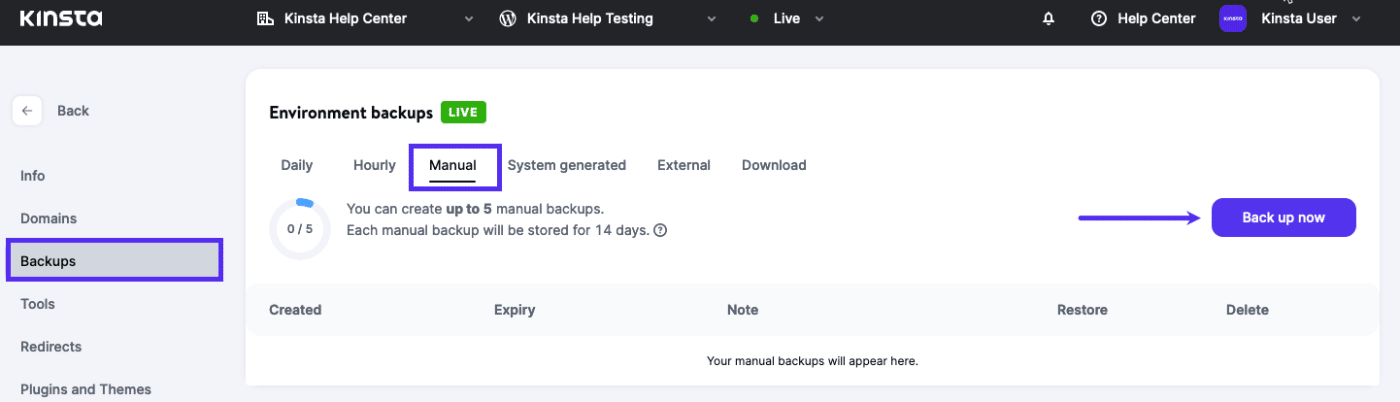 Screenshot: Manually creating a WordPress backup in MyKinsta.