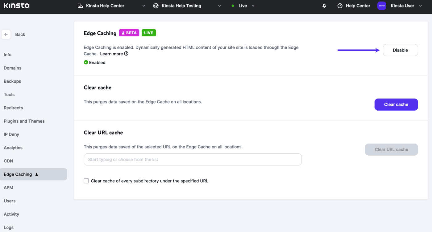 Disable Edge Caching in MyKinsta.