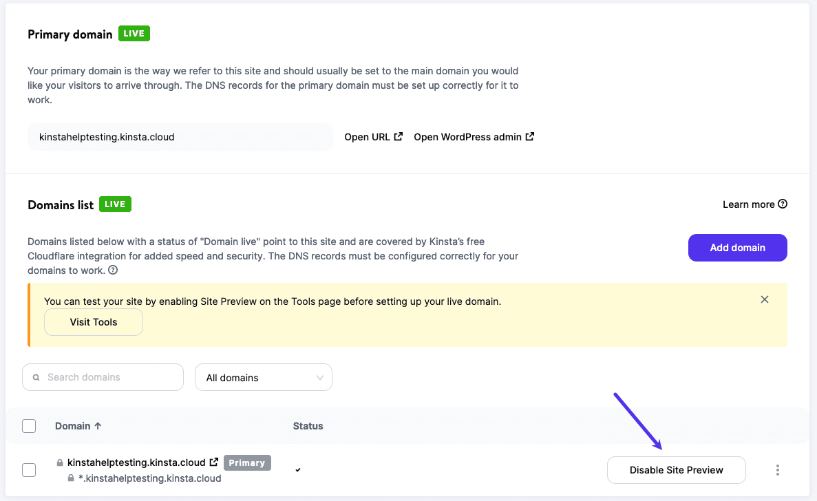Disable Site Preview on the Domains page in MyKinsta.