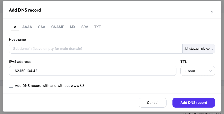 Screenshot: Adding an A record in Kinsta's DNS.