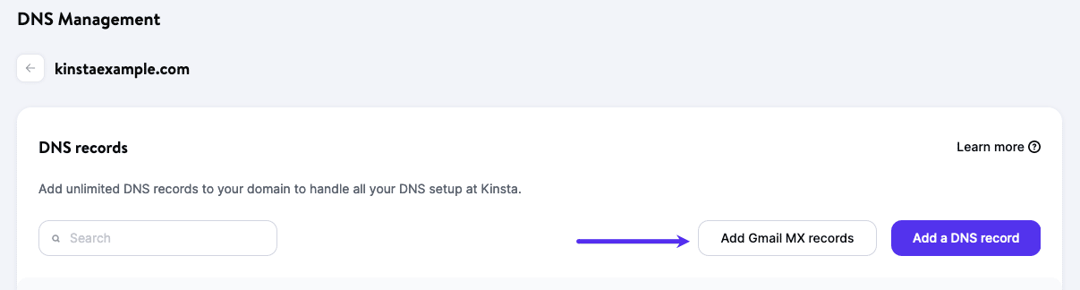 Add Gmail MX records to an existing domain in Kinsta's DNS.
