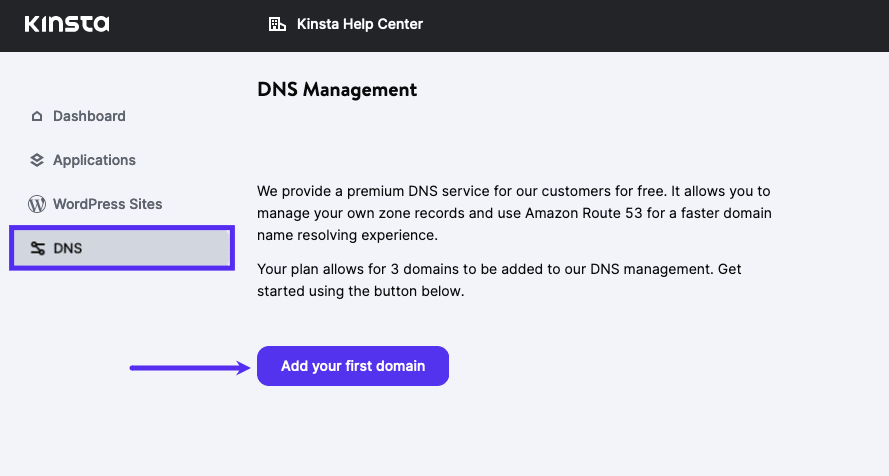 Kinsta DNS settings in MyKinsta.