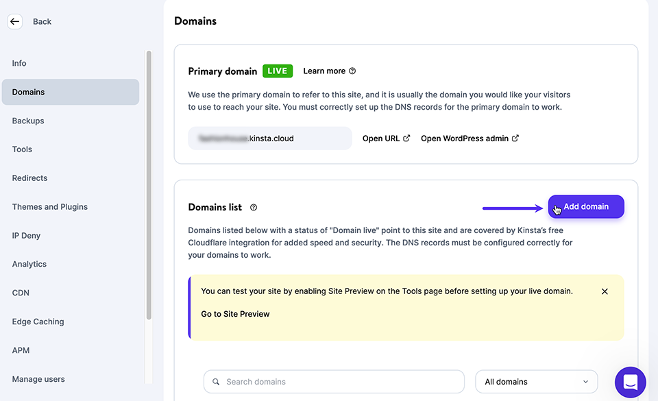 Site domains in MyKinsta.