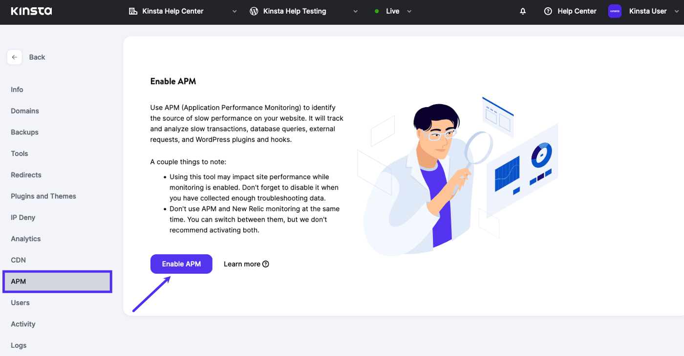 Click the Enable Kinsta APM button to enable it in MyKinsta.