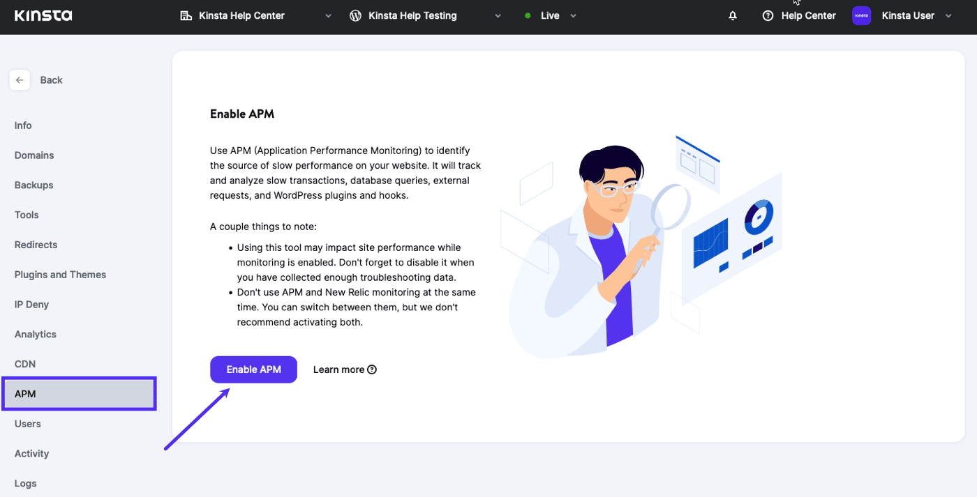 Klik op de knop APM inschakelen om deze in MyKinsta in te schakelen.
