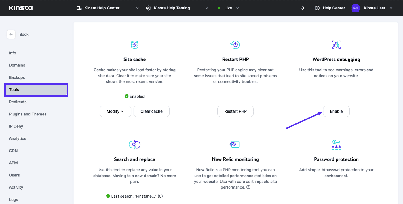 Habilitar o modo de depuração do WordPress no MyKinsta.