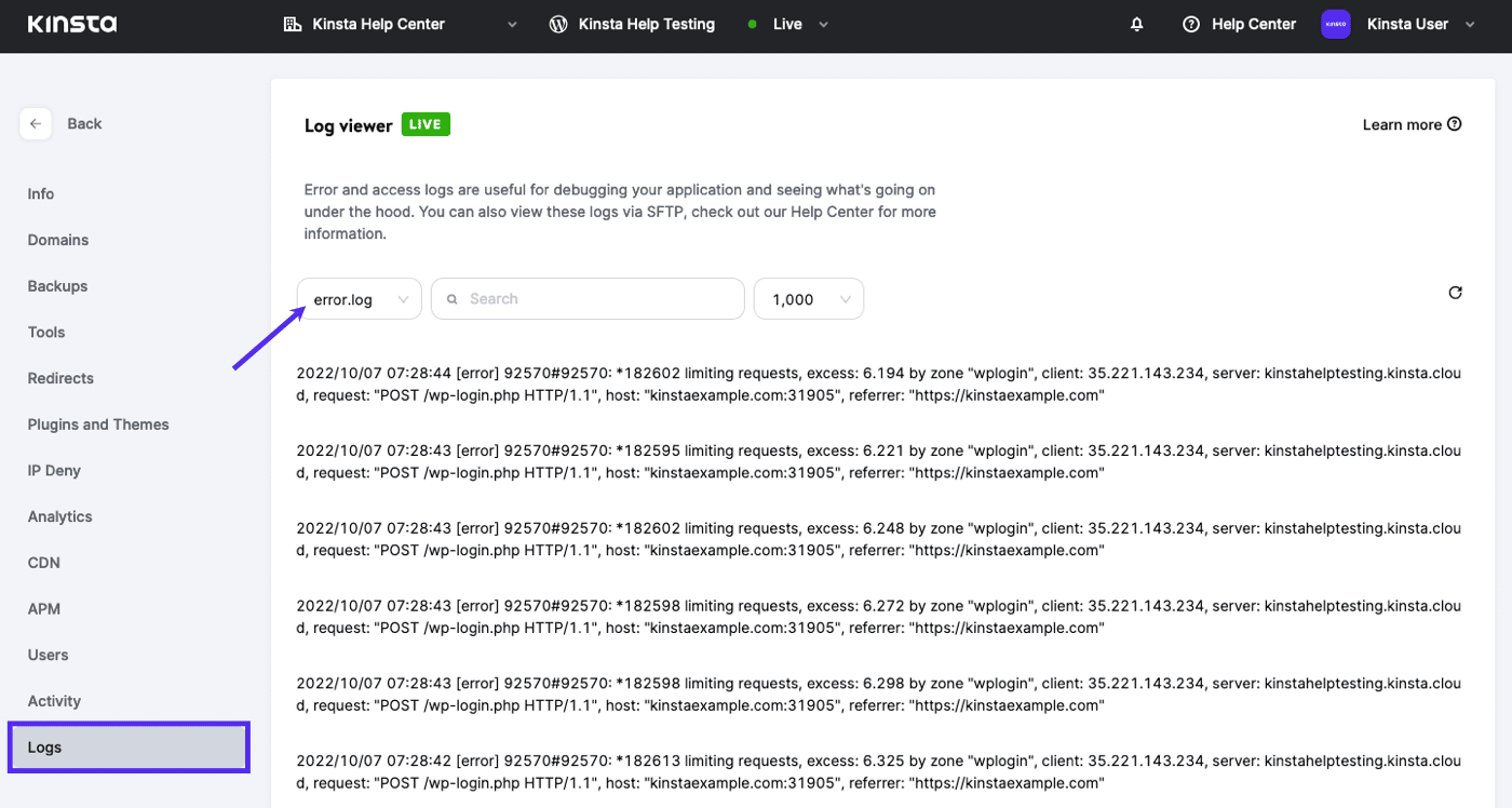 Visning af error.log-filen i MyKinsta-dashboardet.