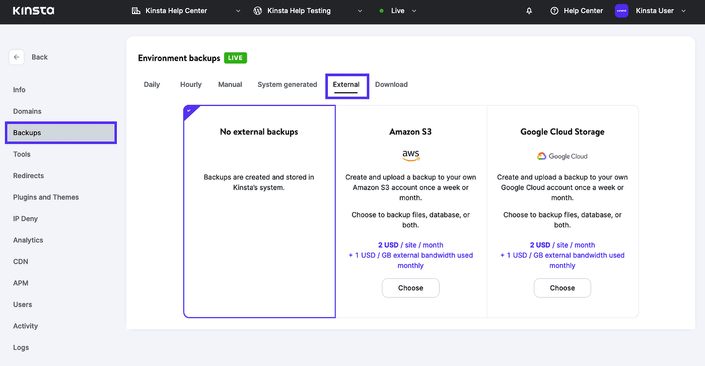 Activa las copias de seguridad externas en MyKinsta.