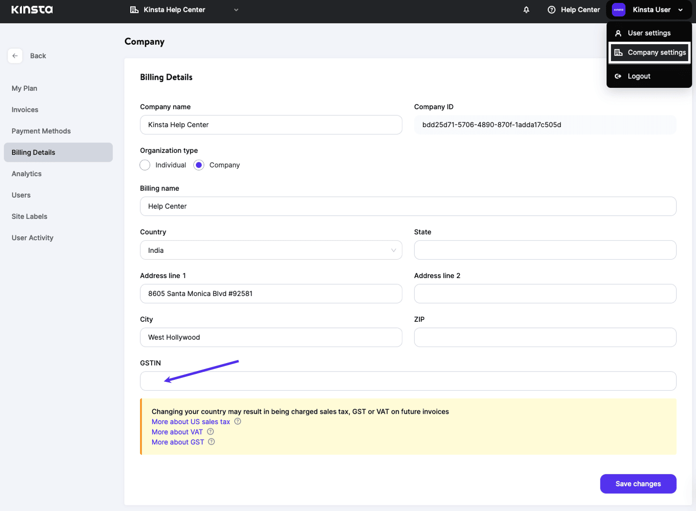 The GSTIN field in MyKinsta.