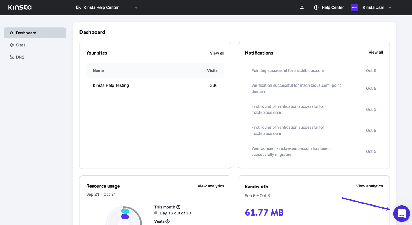 Initierar en supportchatt i MyKinsta.