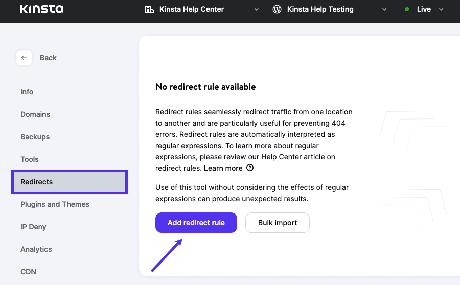 The Add redirect rule button from the Redirects section of MyKinsta.