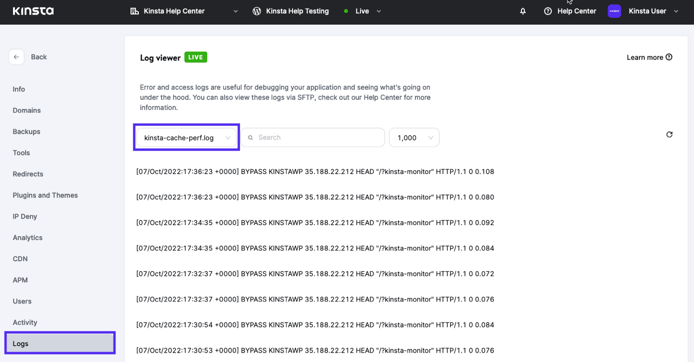 kinsta-cache-perf.log file in MyKinsta Log viewer.