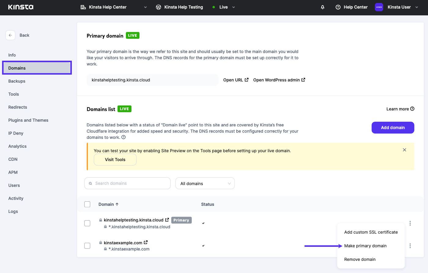 Trasformare un dominio in dominio primario in MyKinsta.